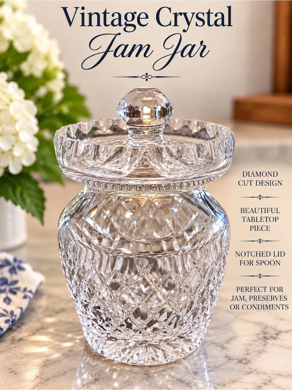 Crystal Jam Jar / Jam Pot with Notched Lid | Vintage | Diamond Cut
